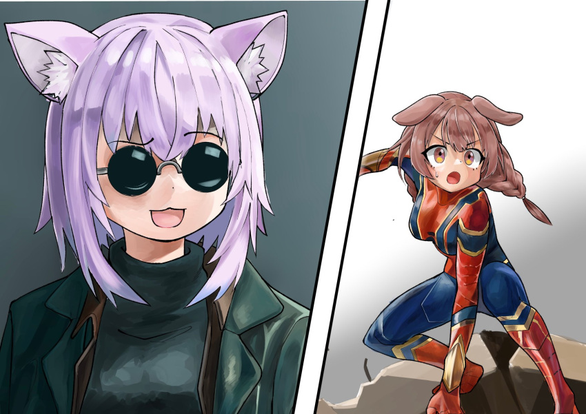 animal_ear_fluff, animal_ears, bodysuit, brown_hair, cat_ears, cat_girl, chawanman, cosplay