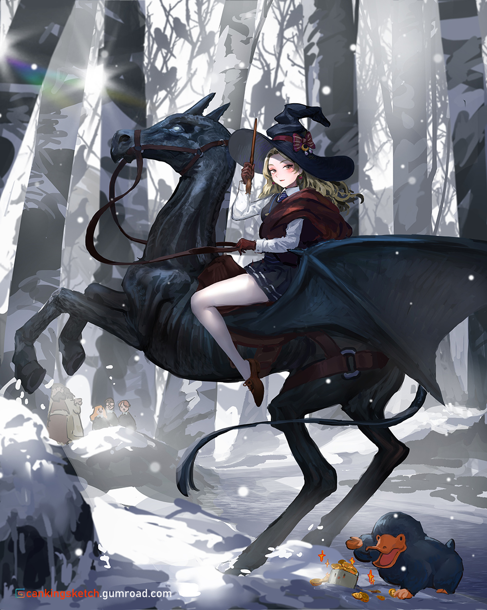 2girls, 3boys, animal, black_headwear, black_skirt, blonde_hair, blush, bow