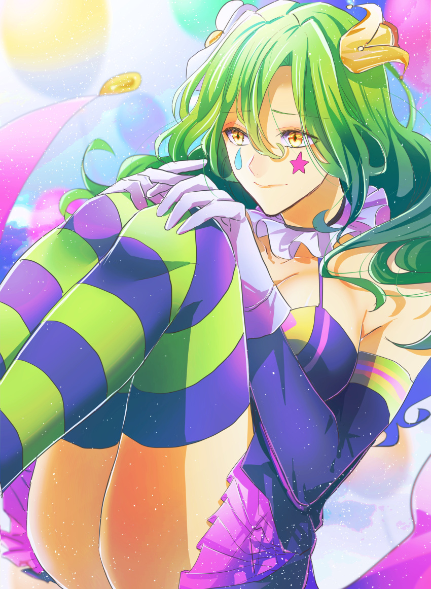 1girl, absurdres, breasts, crayon_(toh), dress, facial_mark, gloves, green_hair, hat, highres, jester, jester_cap, large_breasts, long_hair, looking_to_the_side, marking_on_cheek, multicolored_background, multicolored_clothes, pale_skin, star_(symbol), striped, striped_legwear, teardrop_facial_mark, teardrop_tattoo, thighs, tower_of_hanoi, wavy_hair, yellow_eyes, zinseihamoe