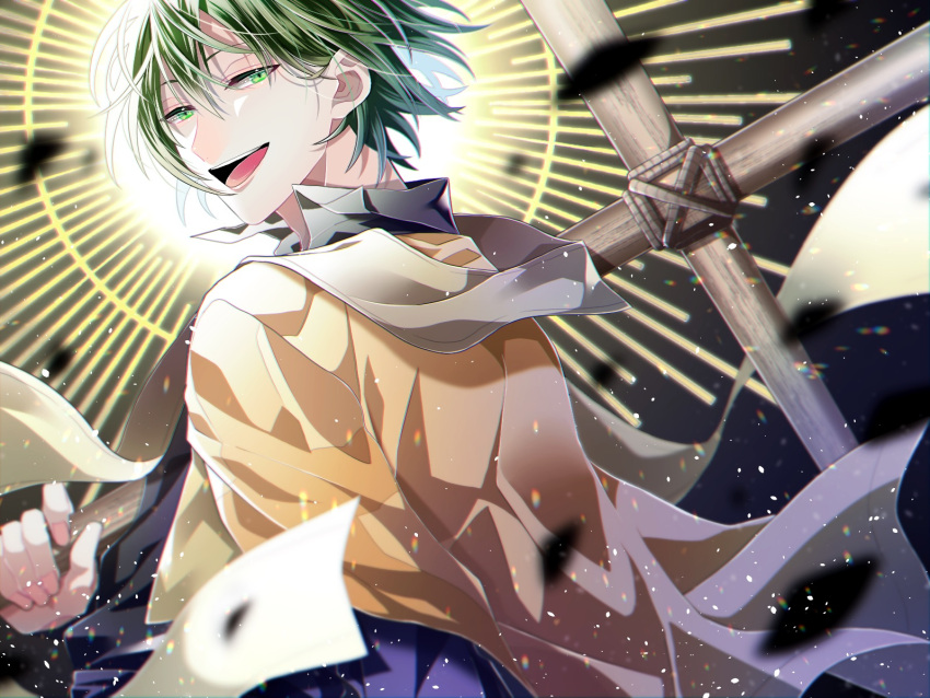 1boy, adams_(toh), black_hair, black_shirt, collared_shirt, cross, green_eyes, green_hair
