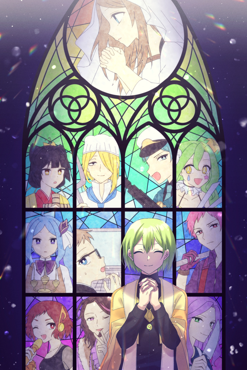 6+boys, 6+girls, absurdres, adams_(toh), black_hair, blonde_hair, blue_eyes, blue_hair, bow, bridal_veil, bride, brown_hair, cameron_(toh), candlestand, character_request, cindy_(toh), closed_eyes, coral_(toh), crayon_(toh), facing_viewer, georges_(toh), glasses, green_eyes, green_hair, gun, hair_bow, hair_ornament, hat, headphones, highres, holding, holding_weapon, kimon_noroi, long_hair, looking_at_viewer, marking_on_cheek, merry_tika, mira_(toh), multiple_boys, multiple_girls, nanashi_(toh), one_eye_closed, own_hands_together, pale_skin, pink_hair, praying, purple_hair, red_eyes, rifle, roland_(toh), short_hair, star_(symbol), teardrop_facial_mark, teardrop_tattoo, tower_of_hanoi, twintails, veil, violet_eyes, weapon, yellow_eyes, yume_(bp25mt)