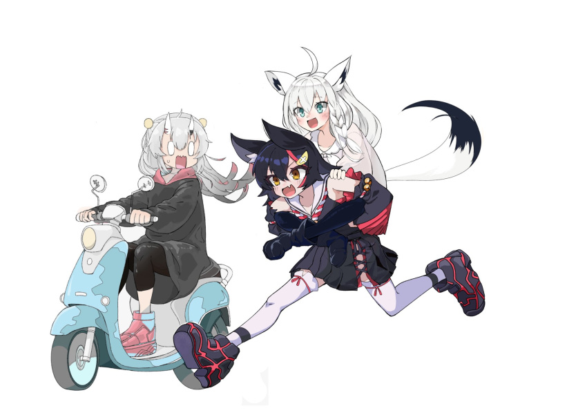 ahoge, animal_ear_fluff, animal_ears, bangs, black_hair, braid, carrying, carrying_person