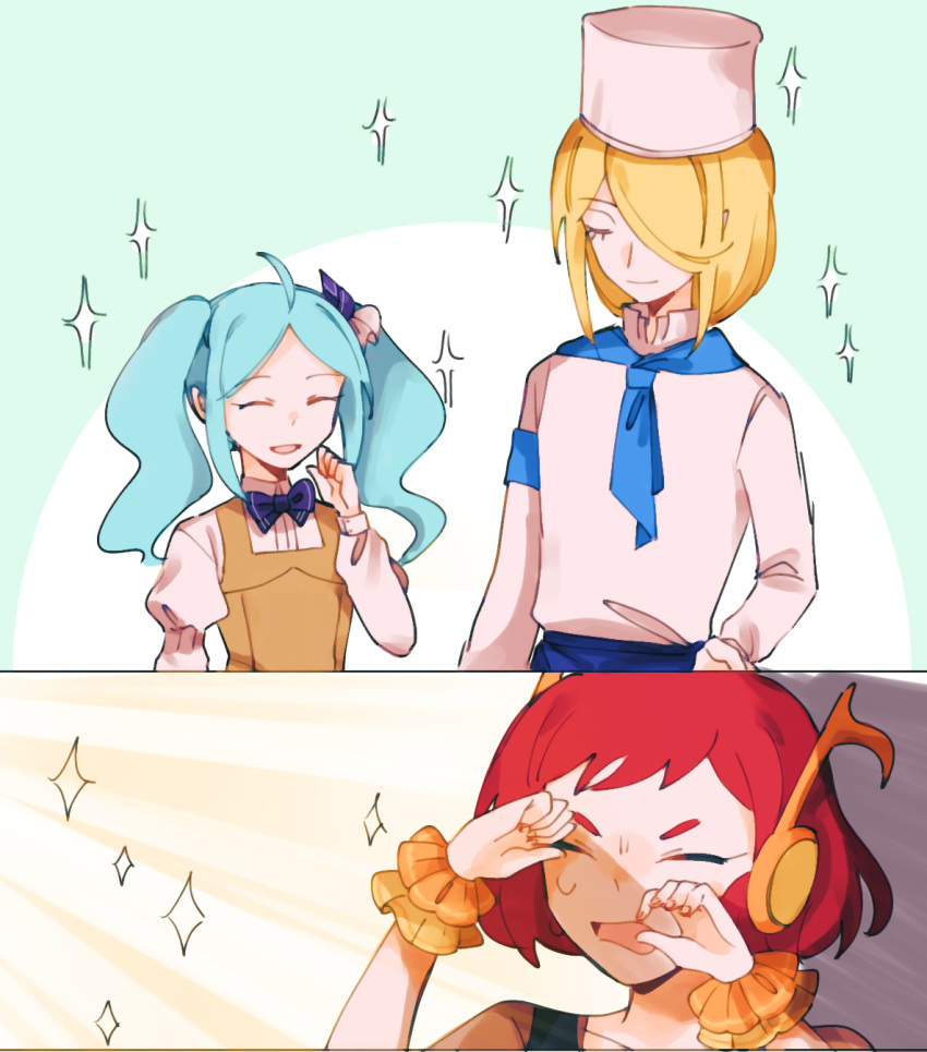 1boy, 2girls, blonde_hair, blue_hair, bow, chef, chef_hat, chef_uniform
