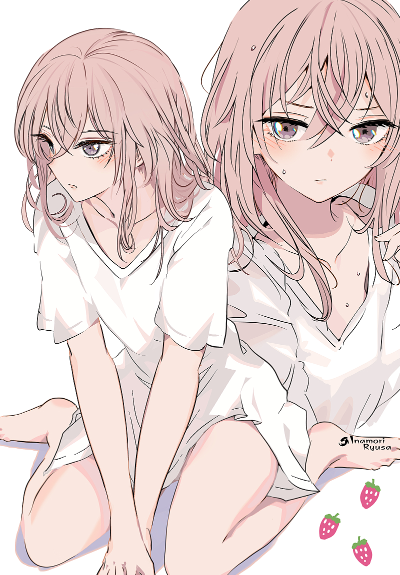 1girl, arms_between_legs, artist_name, bare_legs, barefoot, blush, breasts, closed_mouth