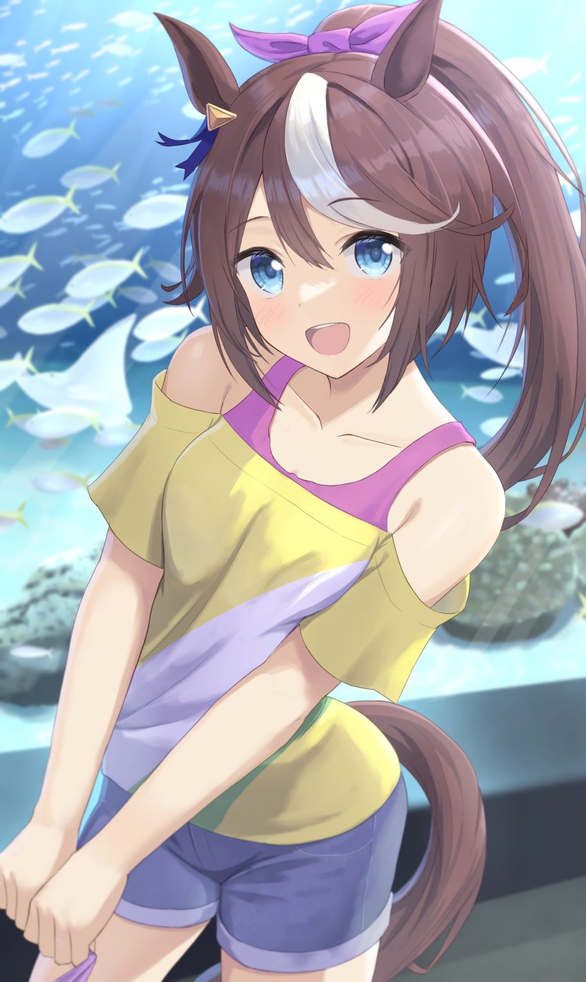 1girl, absurdres, animal_ears, aquarium, blouse, blue_eyes, blue_shorts, brown_hair, casual, commentary_request, cowboy_shot, cyan_71, denim, denim_shorts, fish, hair_flaps, high_ponytail, highres, horse_ears, horse_girl, horse_tail, long_hair, looking_at_viewer, multicolored_blouse, multicolored_hair, open_mouth, round_teeth, shorts, smile, solo, streaked_hair, tail, teeth, tokai_teio_(umamusume), two-tone_hair, umamusume, upper_teeth, white_hair, yellow_blouse