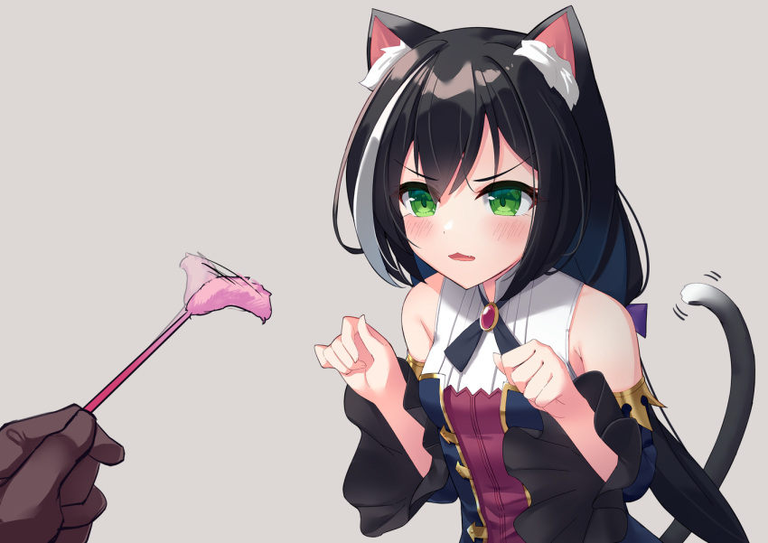 1girl, 1other, afterimage, animal_ear_fluff, animal_ears, bangs, bare_shoulders, black_hair
