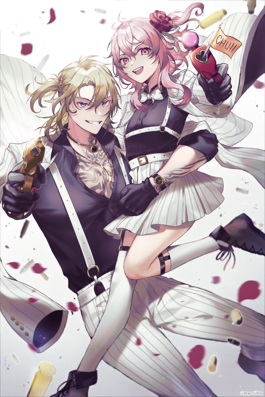 1boy, 1girl, absurdres, arm_around_waist, black_shirt, chain, chest_tattoo, collared_shirt