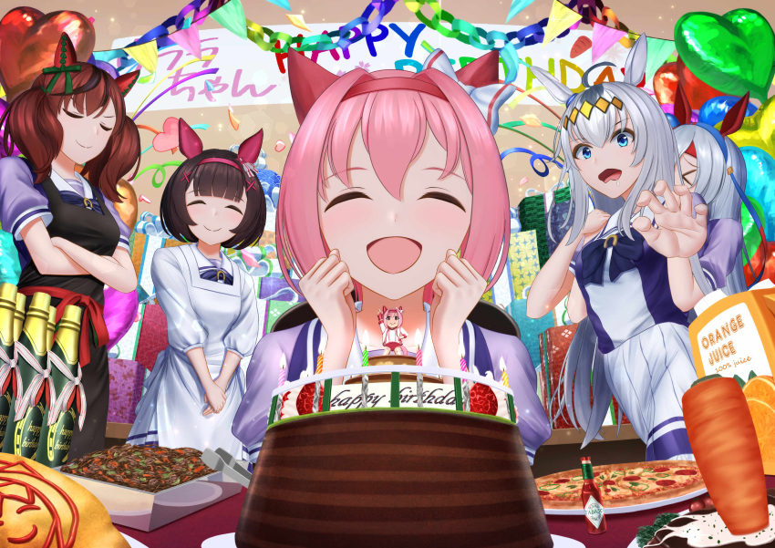 5girls, absurdres, animal_ears, black_hair, cake, carrot, closed_eyes, commentary_request