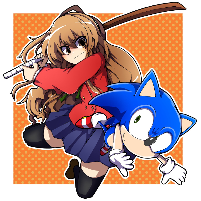 1boy, 1girl, aisaka_taiga, bangs, black_legwear, blue_skirt, border, brown_eyes, brown_hair, closed_mouth, commission, crossover, english_commentary, eyebrows_visible_through_hair, full_body, gloves, hedgehog, highres, holding, holding_weapon, hurin_raika, long_hair, long_sleeves, looking_at_viewer, oohashi_high_school_uniform, orange_background, outline, pleated_skirt, polka_dot, polka_dot_background, red_footwear, school_uniform, skeb_commission, skirt, smile, sonic_(series), sonic_the_hedgehog, sword, thigh-highs, toradora!, v-shaped_eyebrows, weapon, white_border, white_gloves, white_outline, wooden_sword