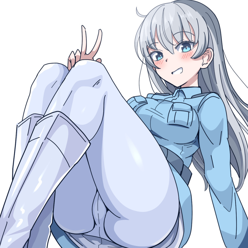 1girl, ahoge, arm_support, ass, blue_eyes, blue_jacket, blush, boots