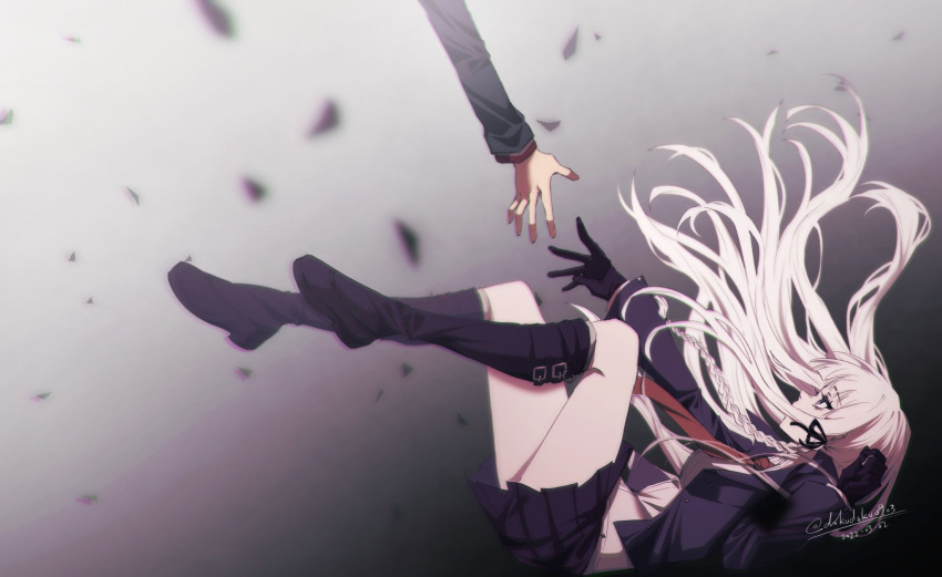 1boy, 1girl, arm_up, bangs, black_footwear, black_gloves, black_ribbon, black_skirt, boots, braid, brown_necktie, commentary_request, danganronpa:_trigger_happy_havoc, danganronpa_(series), dated, dokudokudoku, falling, gloves, gradient, gradient_background, grey_background, hair_ribbon, highres, jacket, kirigiri_kyouko, knee_boots, long_hair, long_sleeves, looking_up, miniskirt, naegi_makoto, necktie, open_clothes, open_jacket, pleated_skirt, profile, purple_jacket, ribbon, shirt, signature, skirt, solo_focus, white_shirt