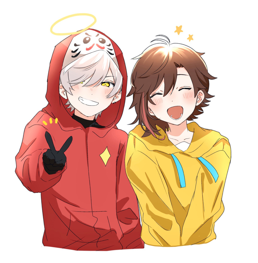 2boys, ^_^, black_gloves, black_shirt, blush, closed_eyes, collarbone, crazy_raccoon