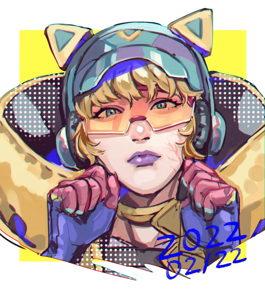 1girl, apex_legends, blonde_hair, blue_eyes, blue_gloves, blue_headwear, cat_ear_headphones, clenched_hands