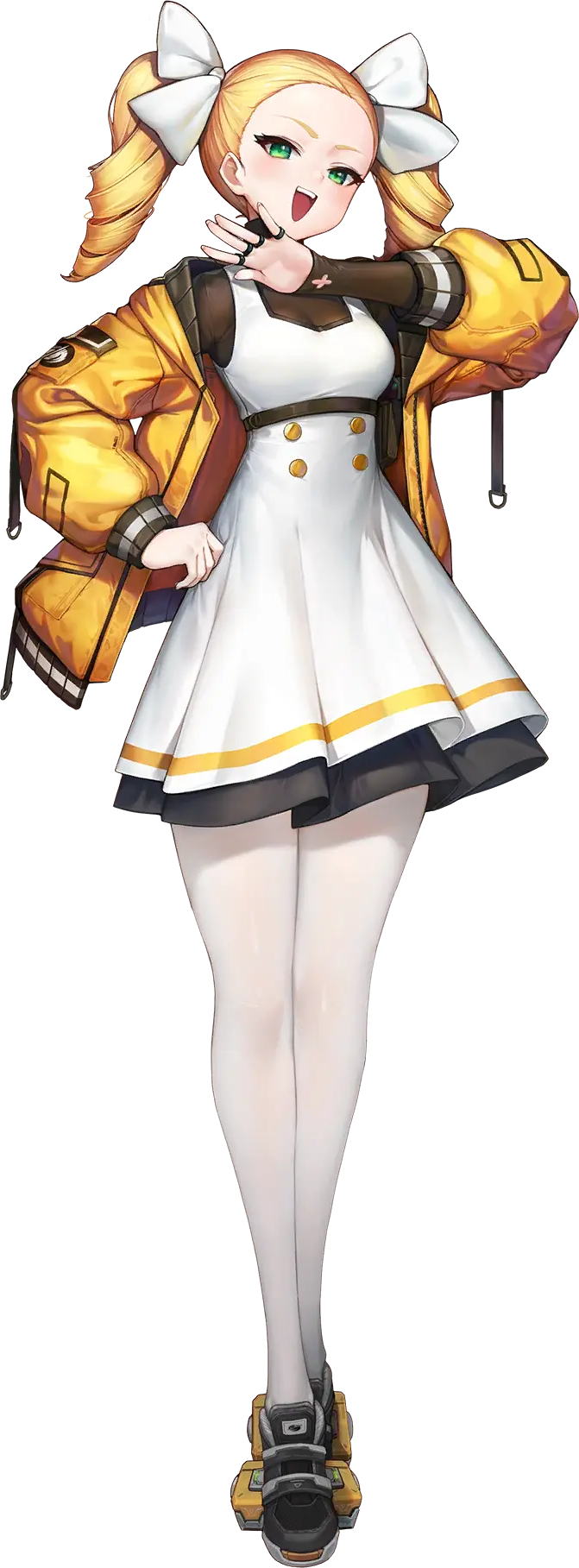 1girl, :d, black_skirt, blonde_hair, blush, breasts, dress, drill_hair, forehead, full_body, green_eyes, hair_ribbon, hand_on_hip, hand_up, head_tilt, highres, jacket, jam_(nandade), jewelry, last_origin, long_hair, looking_at_viewer, mercury_(last_origin), official_art, ojou-sama_pose, open_clothes, open_hand, open_jacket, open_mouth, pantyhose, pinafore_dress, pleated_skirt, ribbon, ring, shoes, skirt, small_breasts, smile, solo, standing, tachi-e, transparent_background, twin_drills, twintails, white_legwear, white_ribbon, yellow_jacket