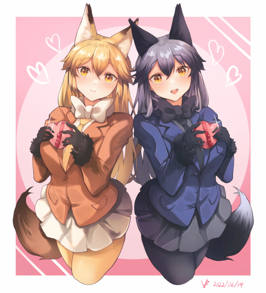 2girls, absurdres, animal_ears, black_bow, black_bowtie, black_gloves, black_legwear, blonde_hair