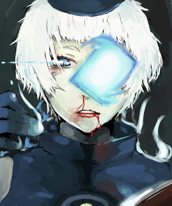blood, blue_eyes, card, card_with_aura, elizabeth, elizabeth_(persona), floating_card, lefty10, magic, persona, persona_3, short_hair, white_hair
