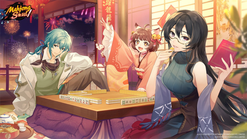 +_+, 1boy, 2girls, animal_ears, artist_request, bandana, bell, black_hair