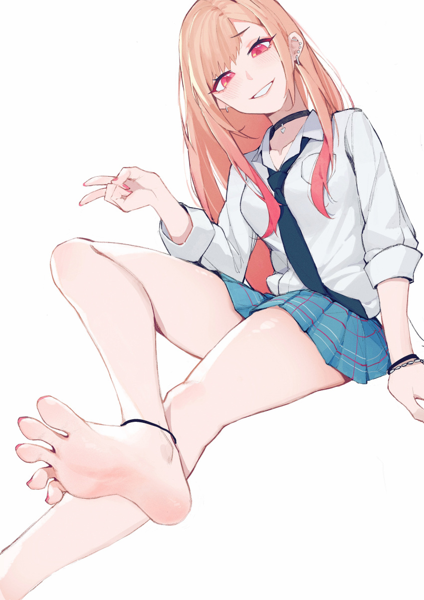 1girl, absurdres, anklet, bangs, bare_legs, barefoot, blonde_hair, blue_necktie