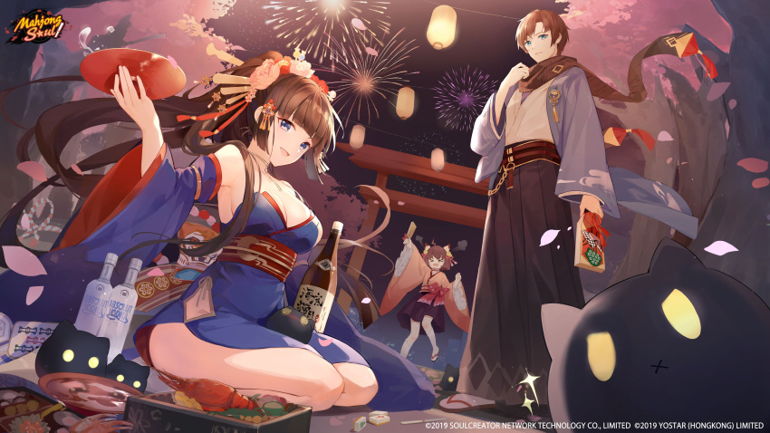 >o<, 1boy, 2girls, absurdres, alcohol, angry, animal_ears, artist_request