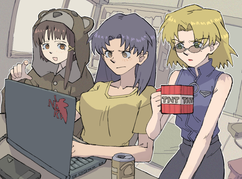 3girls, :/, :d, absurdres, akagi_ritsuko, alcohol, animal_hood, at_computer