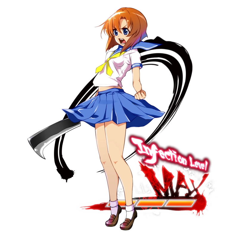 1girl, axe, blue_eyes, blue_sailor_collar, blue_skirt, brown_footwear, brown_hair, chuutaro_metal