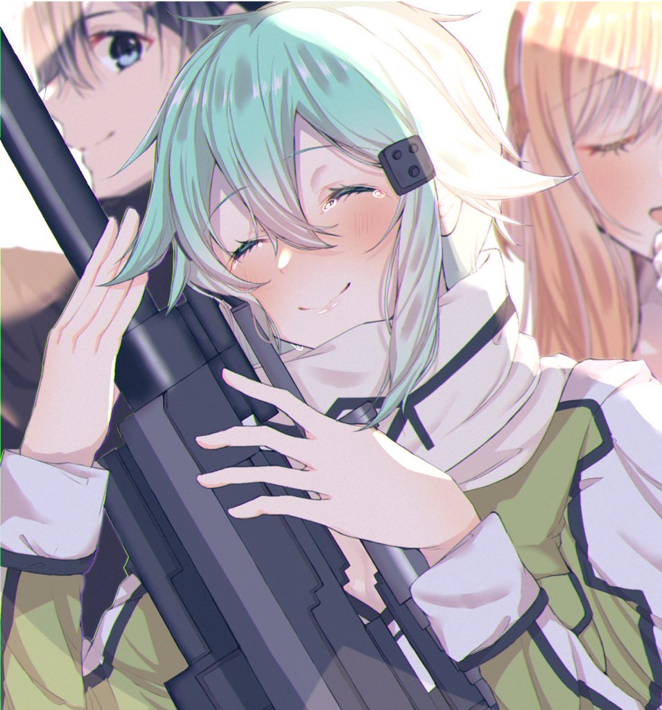 1boy, 2girls, :d, aqua_hair, asuna_(sao), bangs, black_hair, blue_eyes, brown_hair, closed_eyes, closed_mouth, eyebrows_visible_through_hair, facing_viewer, green_jacket, gun, hair_between_eyes, hair_ornament, hairclip, happy_tears, jacket, kirito, long_hair, long_sleeves, looking_back, multiple_girls, nina_sukinamono, pgm_hecate_ii, rifle, scarf, shiny, shiny_hair, short_hair, short_hair_with_long_locks, sidelocks, sinon, smile, sniper_rifle, solo_focus, sword_art_online, tears, weapon, white_scarf