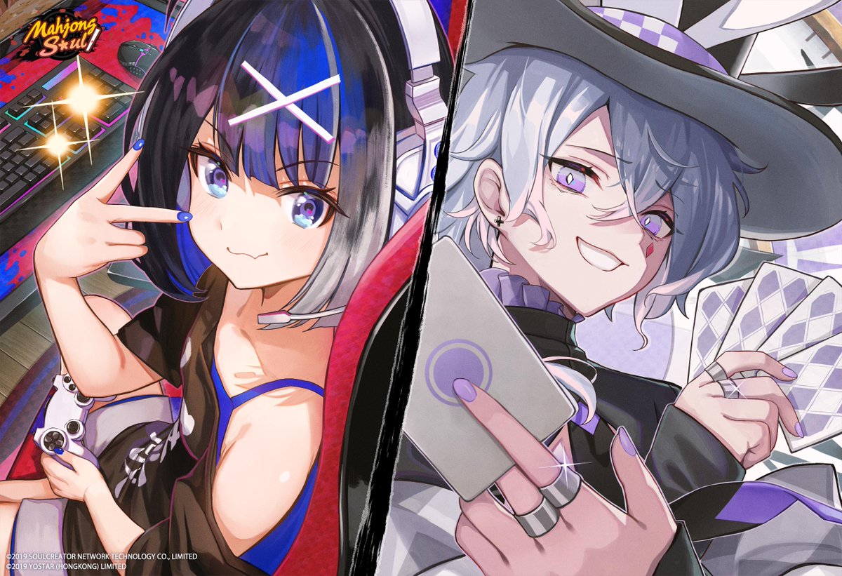 1boy, 1girl, bangs, blue_eyes, blue_nails, blue_tank_top, card, controller, copyright, crossed_arms, earrings, eyebrows_visible_through_hair, eyes_visible_through_hair, grin, hair_between_eyes, hat, headphones, holding, holding_card, holding_controller, jewelry, keyboard_(computer), logo, mahjong_soul, monitor, mouse_(computer), mousepad_(object), necktie, official_art, playing_card, playing_games, playstation_controller, purple_nails, ring, ryan_(mahjong_soul), sanada_keisui, shorts, smile, tank_top, top_hat, v, violet_eyes, white_hair, yostar