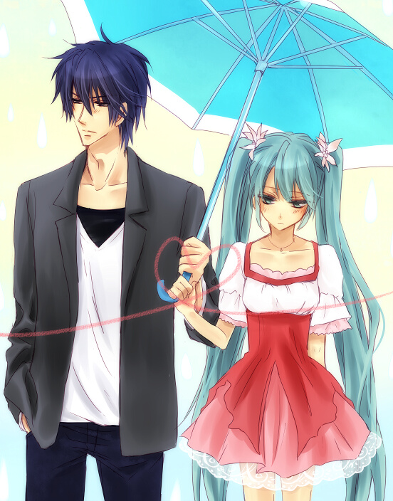aqua_hair, blue_hair, blush, dress, hatsune_miku, jewelry, kaito, kotomi, long_hair, melt_(vocaloid), necklace, twintails, umbrella, very_long_hair, vocaloid
