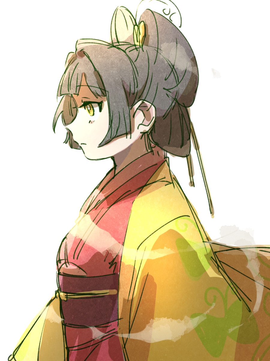 1girl, arima_ataru, black_hair, green_kimono, hair_ornament, hair_ornament_request, hairstyle_request, highres