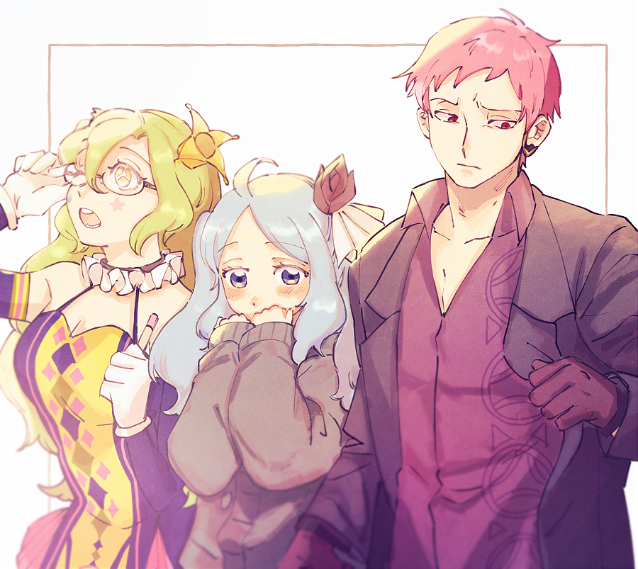 1boy, 2girls, arima_ataru, blue_eyes, blue_hair, blush, bow, covering_mouth