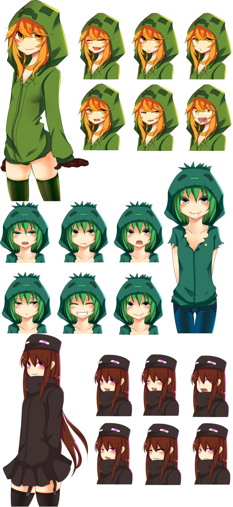 1boy, 2girls, ander_(at2.), at2., black_gloves, black_legwear, black_skin, brown_eyes, brown_hair, collarbone, colored_skin, creeper, cupa_(at2.), denim, enderman, expressions, eyebrows_visible_through_hair, garter_straps, gloves, green_hair, green_hoodie, green_legwear, grey_eyes, highres, hood, hood_up, hoodie, jeans, long_hair, long_sleeves, looking_at_viewer, medium_hair, minecraft, multiple_girls, orange_hair, original, otoko_no_ko, pants, personification, short_hair, thigh-highs, violet_eyes, yaebi_(at2.), zombie_(minecraft)