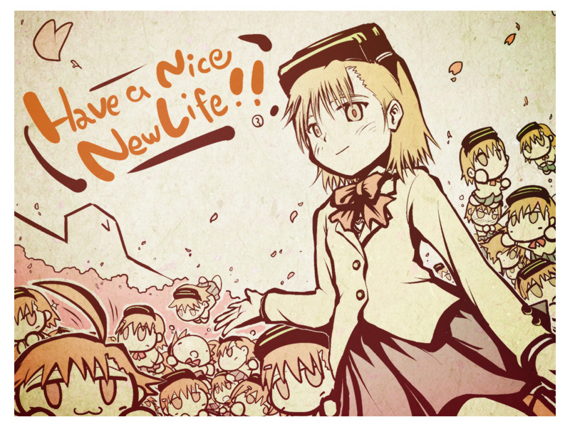 ahoge, brown_eyes, brown_hair, chibi, empty_eyes, english, head_mounted_display, last_order, launch_(launch726), misaka_imouto, petals, school_uniform, sepia, skirt, to_aru_majutsu_no_index