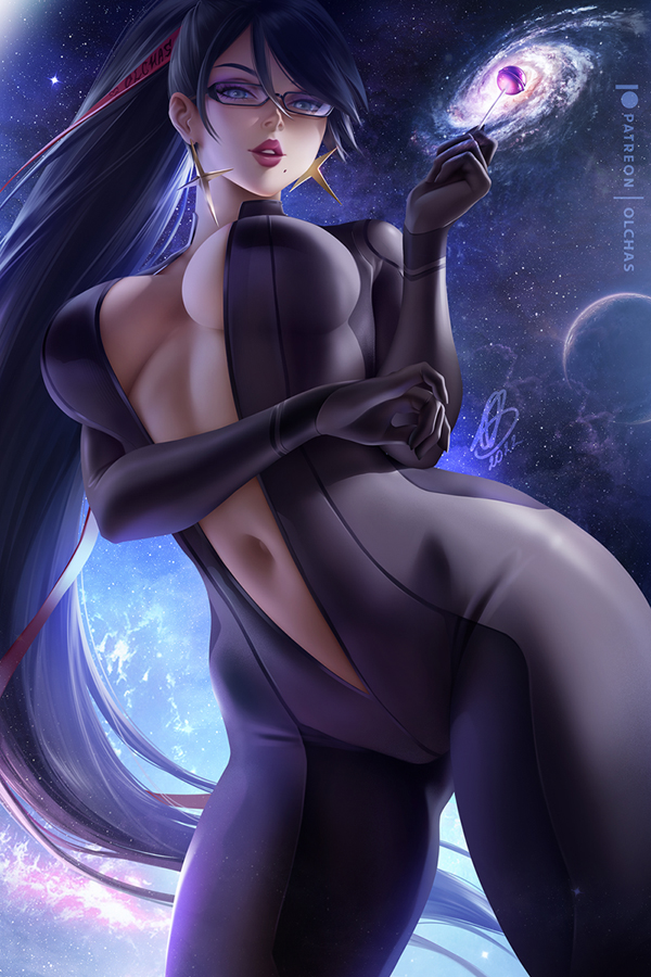 1girl, adapted_costume, bayonetta, bayonetta_(series), black-framed_eyewear, black_hair, bodysuit, breasts