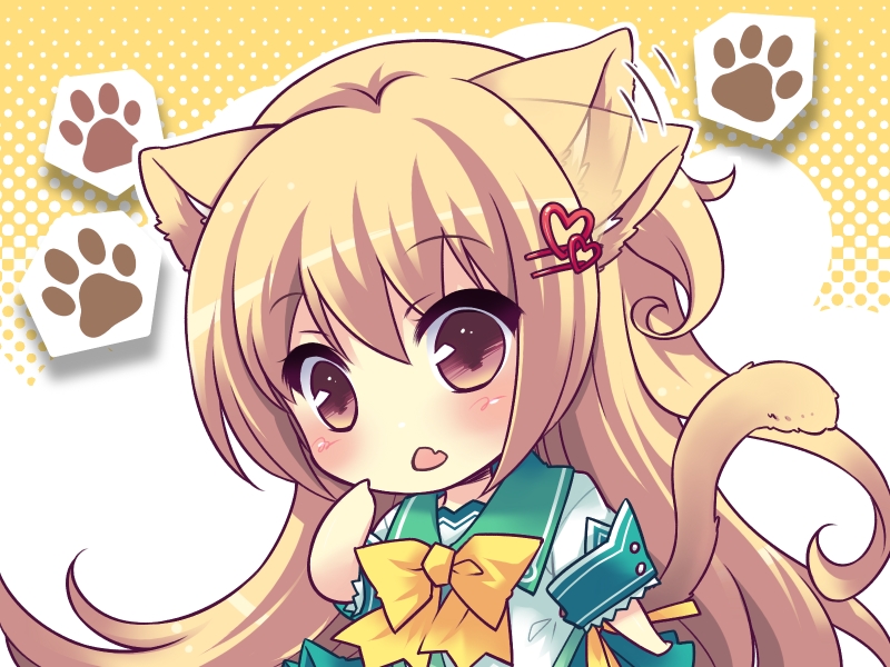 blush, brown_hair, cat_ears, cat_tail, chibi, ear_twitch, fang, hair_ornament