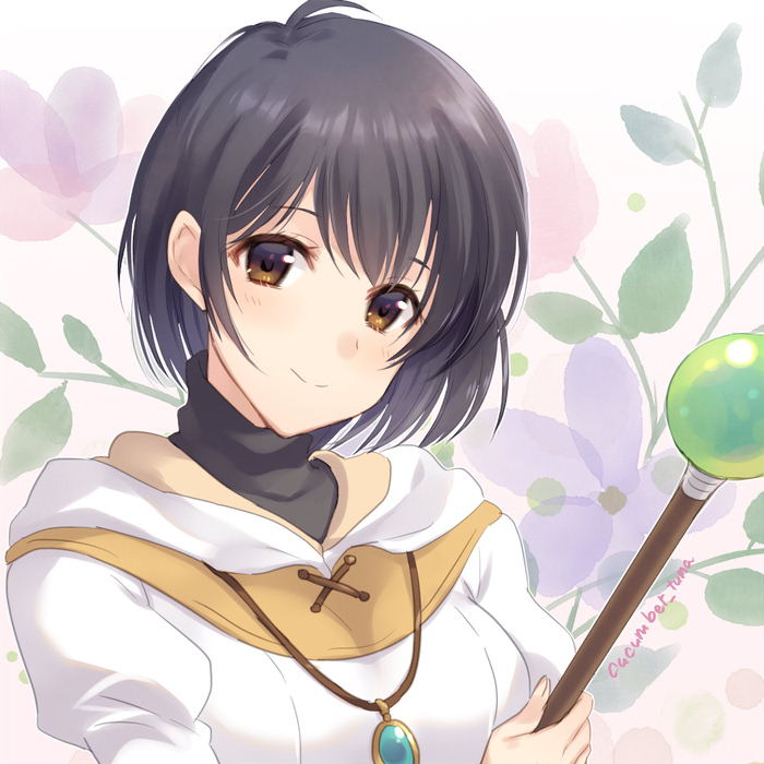 1girl, awayuki_ramika, bangs, black_hair, black_shirt, brown_eyes, dress, fire_emblem