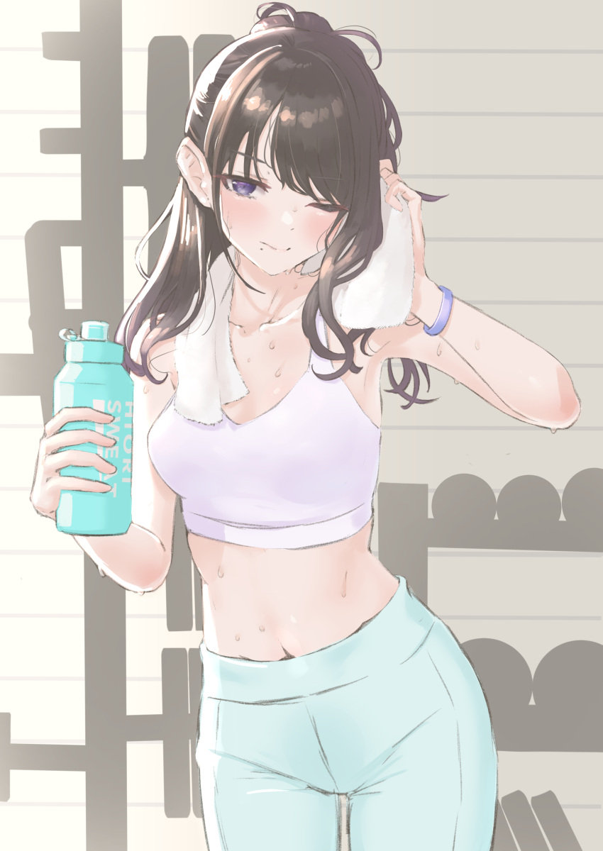 1girl, ;|, absurdres, armpits, black_hair, blush, bottle, breasts