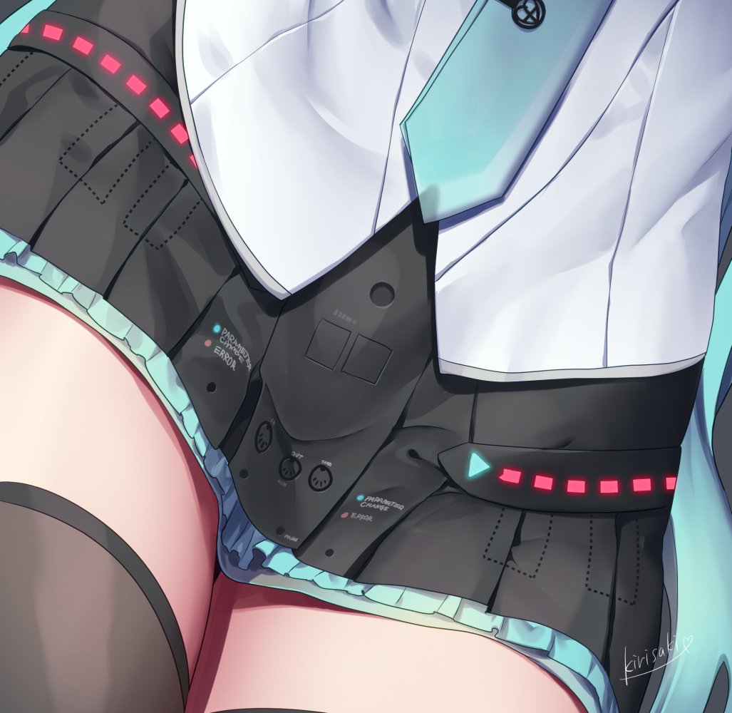1girl, black_legwear, black_skirt, blue_hair, close-up, commentary_request, english_text, green_hair, grey_shirt, hatsune_miku, kirisaki_shuusei, layered_skirt, lower_body, miniskirt, necktie, out_of_frame, pleated_skirt, shiny, shiny_clothes, shiny_legwear, shirt, signature, skirt, solo, thigh-highs, thigh_focus, two-tone_skirt, vocaloid, volume_symbol, zettai_ryouiki