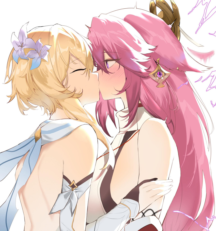 2girls, animal_ears, bare_shoulders, blonde_hair, blush, breasts, closed_eyes, detached_sleeves
