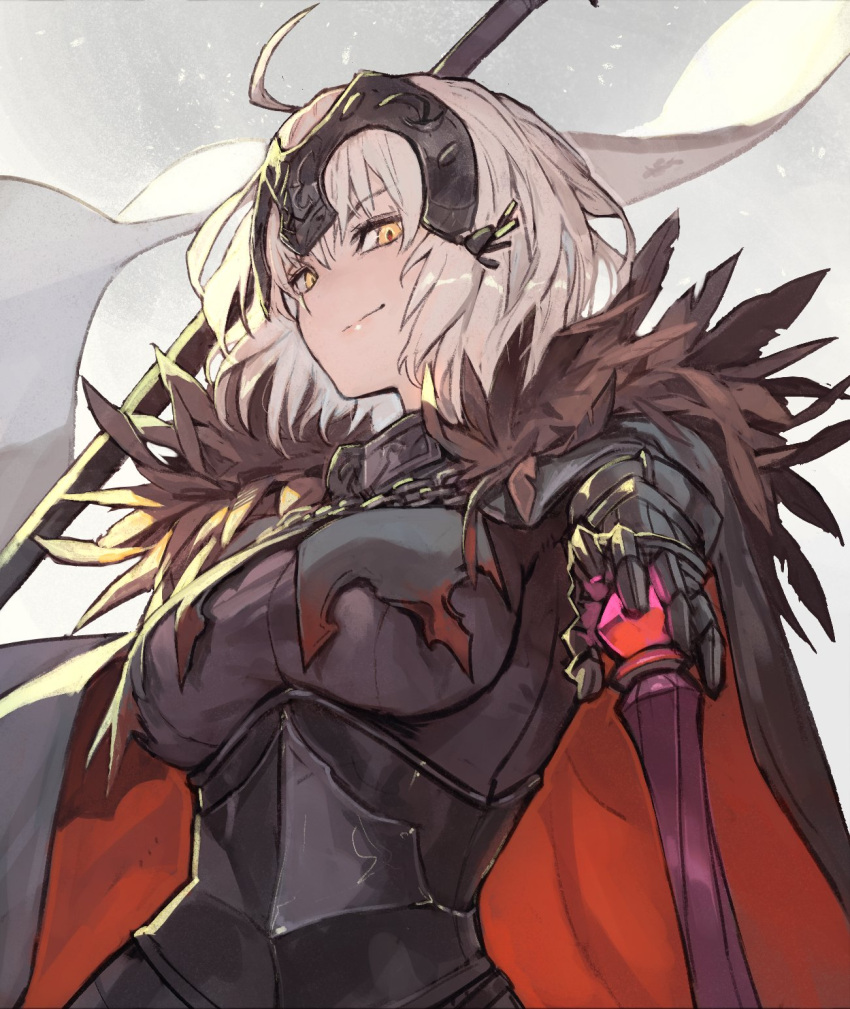 1girl, ahoge, armor, armored_dress, blonde_hair, breasts, cape, cowboy_shot