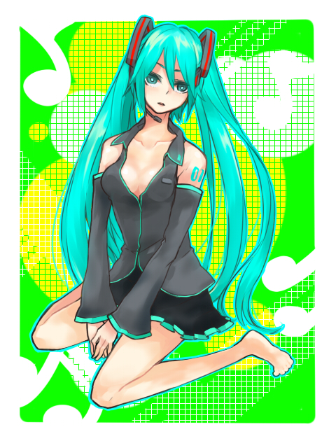aqua_eyes, aqua_hair, bad_id, bare_shoulders, barefoot, blackcafecake, breasts, cleavage