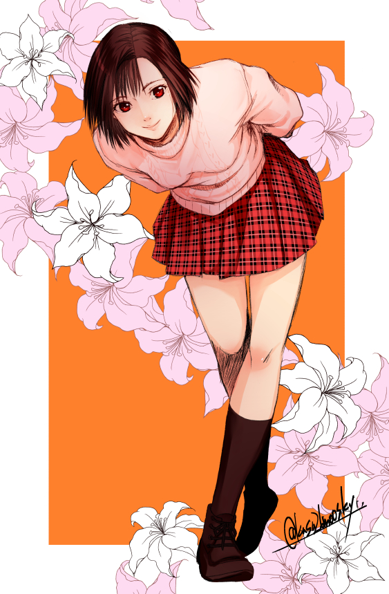 1girl, arms_behind_back, bangs, brown_footwear, brown_hair, floral_background, full_body, harasaki_nozomi