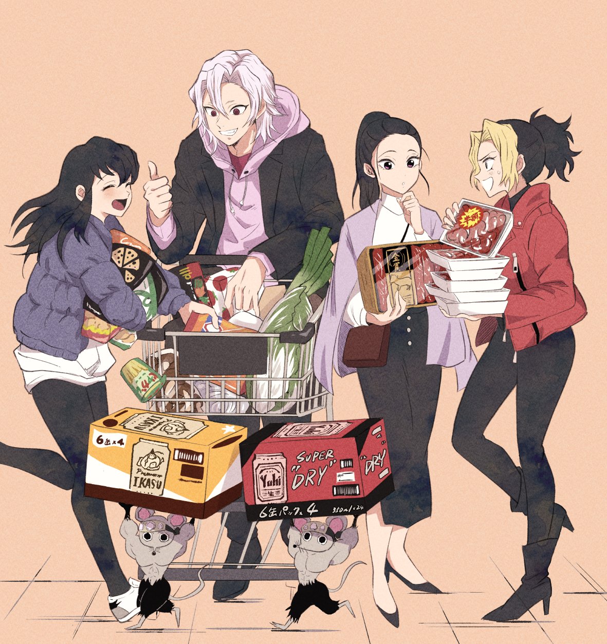 1boy, 3girls, alcohol, alternate_costume, animal_ears, bag, beer, black_hair