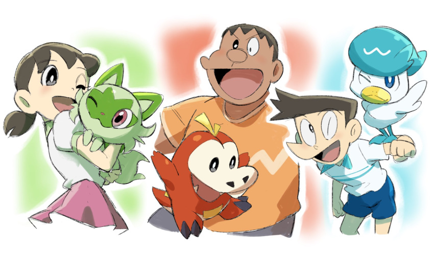 1girl, 2boys, :d, ;d, blue_shorts, brown_hair, creatures_(company), crossover