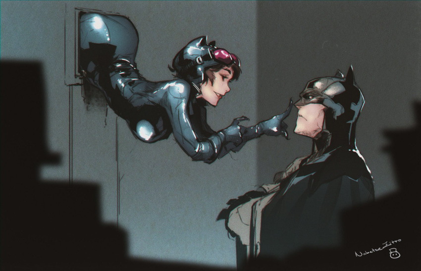 1boy, 1girl, ass, batman, batman_(series), black_bodysuit, black_cape, black_gloves