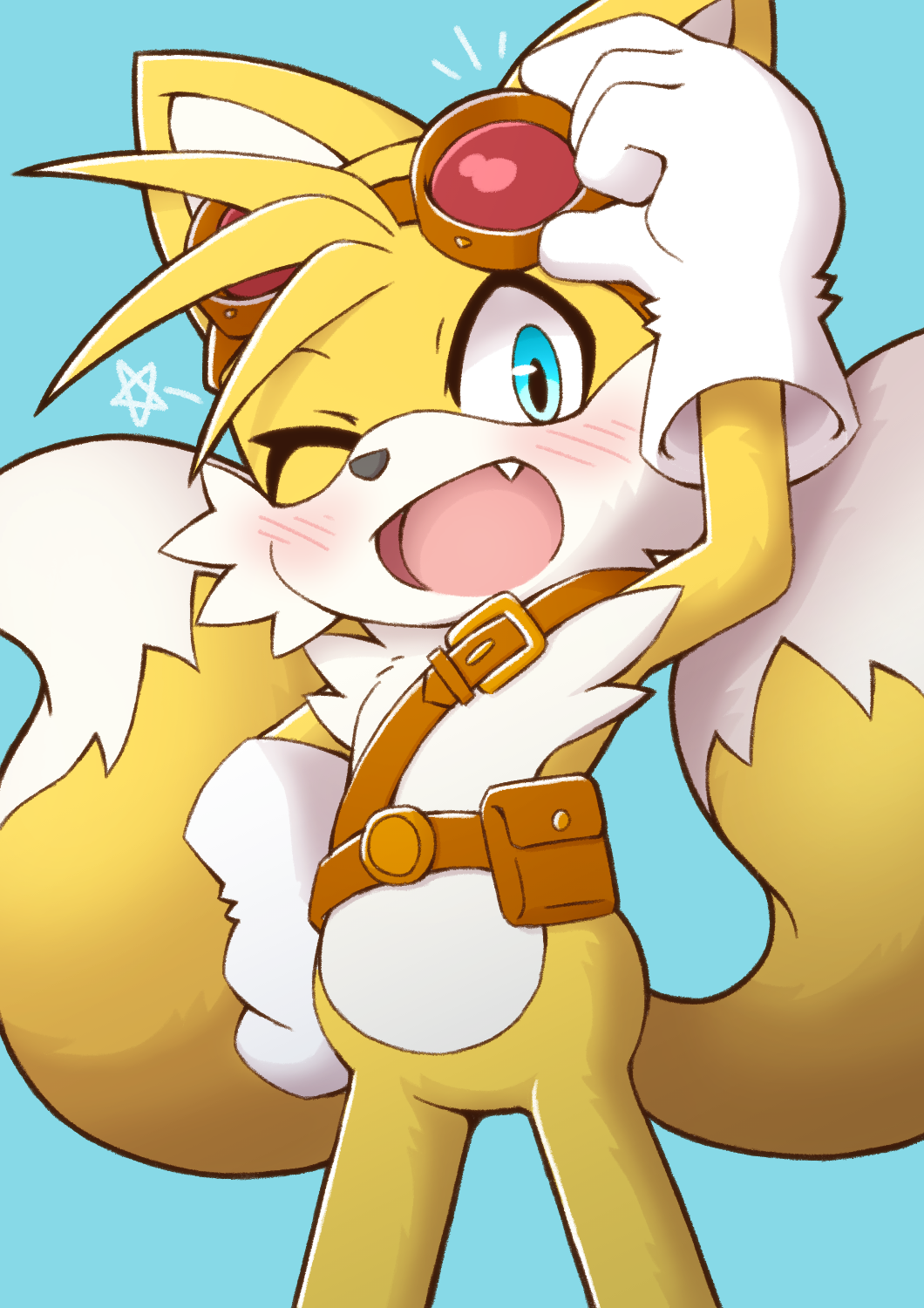 1boy, acky, animal_ears, animal_nose, commentary_request, fang, fox_boy, fox_ears