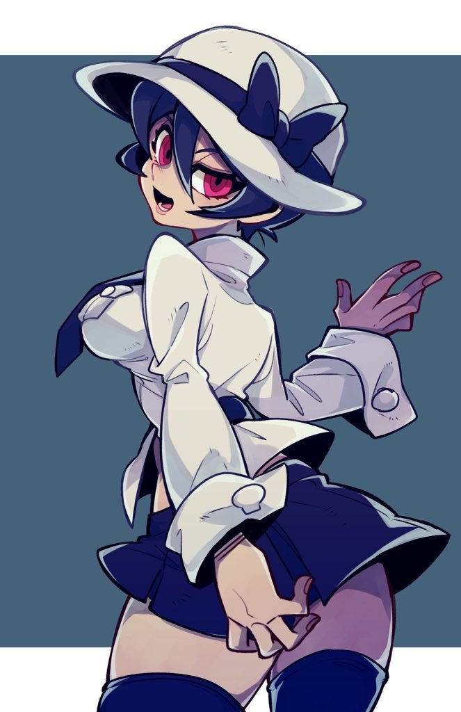1girl, black_hair, black_legwear, blue_bow, blue_shirt, blush, border, bow