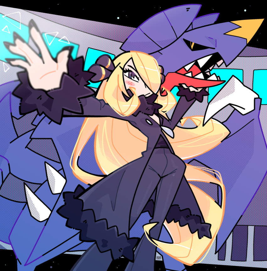 1girl, black_eyes, black_nails, black_pants, black_sclera, black_shirt, blonde_hair, blush, bourbunbun, cynthia_(pokemon), garchomp, hair_ornament, hair_over_one_eye, hand_on_chin, long_hair, outstretched_arm, pokemon, pose, star_(symbol), starry_background, yellow_pupils
