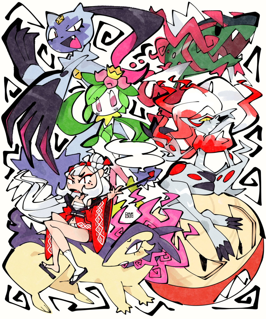1girl, bandaged_chest, basculegion, bourbunbun, hisuian_electrode, hisuian_lilligant, hisuian_typhlosion, hisuian_zoroark, kimono, pipe, pokemon, pokemon_(creature), pokemon_legends:_arceus, red_eyeshadow, red_kimono, sitting_on_back, sneasler, white_hair