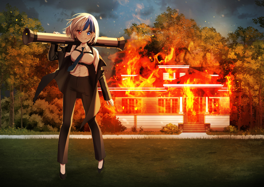 1girl, absurdres, black_footwear, black_jacket, black_pants, blue_eyes, blue_hair, blue_necktie