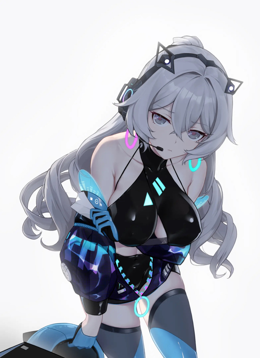 1girl, bare_shoulders, breasts, bronya_zaychik, bronya_zaychik_(silverwing:_n-ex), earphones, heiza, highres, honkai_(series), honkai_impact_3rd, looking_at_viewer